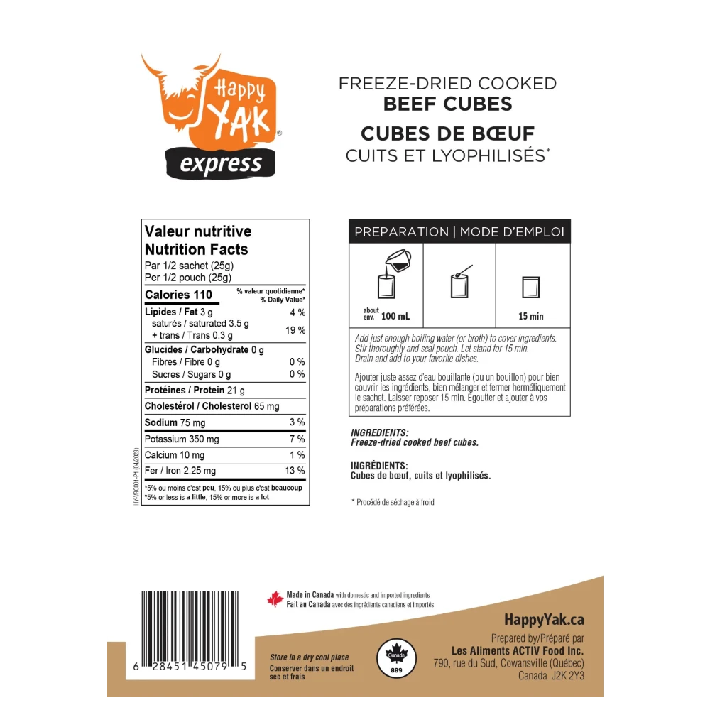 Cubes de boeuf lyophylisés de Happy Yak
