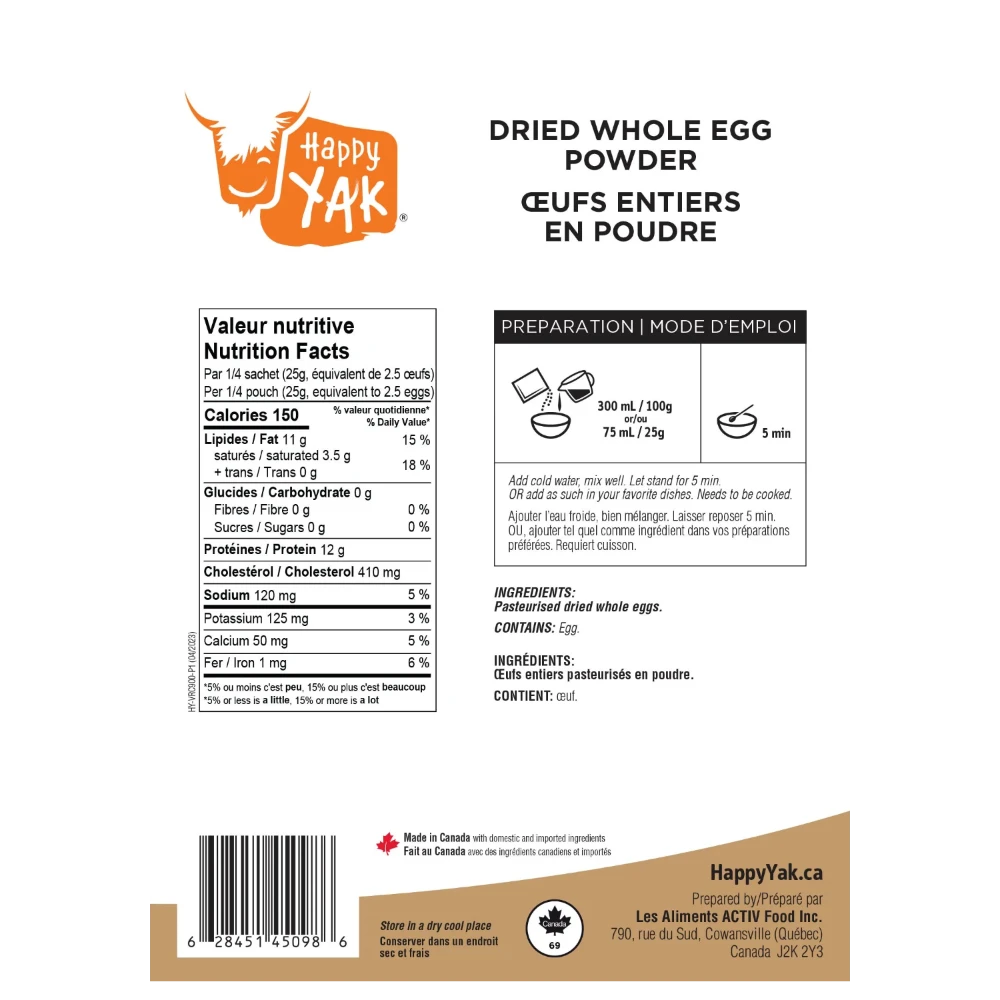 Oeufs entiers en poudre de Happy Yak
